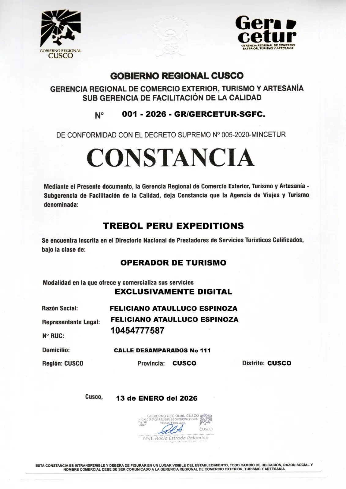 Constancia de Gercetur, de la agencia Trébol Perú Expeditions.